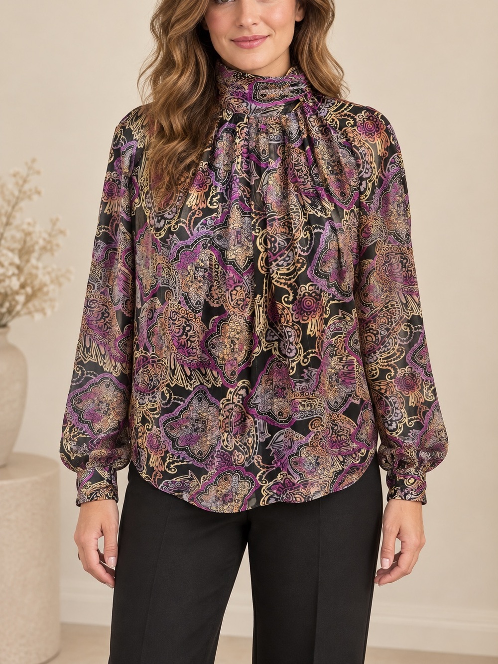 VINTAGE TESS PAISLEY HIGH-NECK TIE BLOUSE SIZE 8
